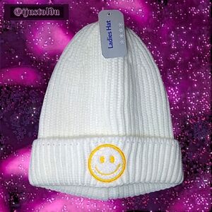 Ladies Smiley Face Ribbed Knit Beanie | Cream 1 Size Fits Most | Old E. Main Co.